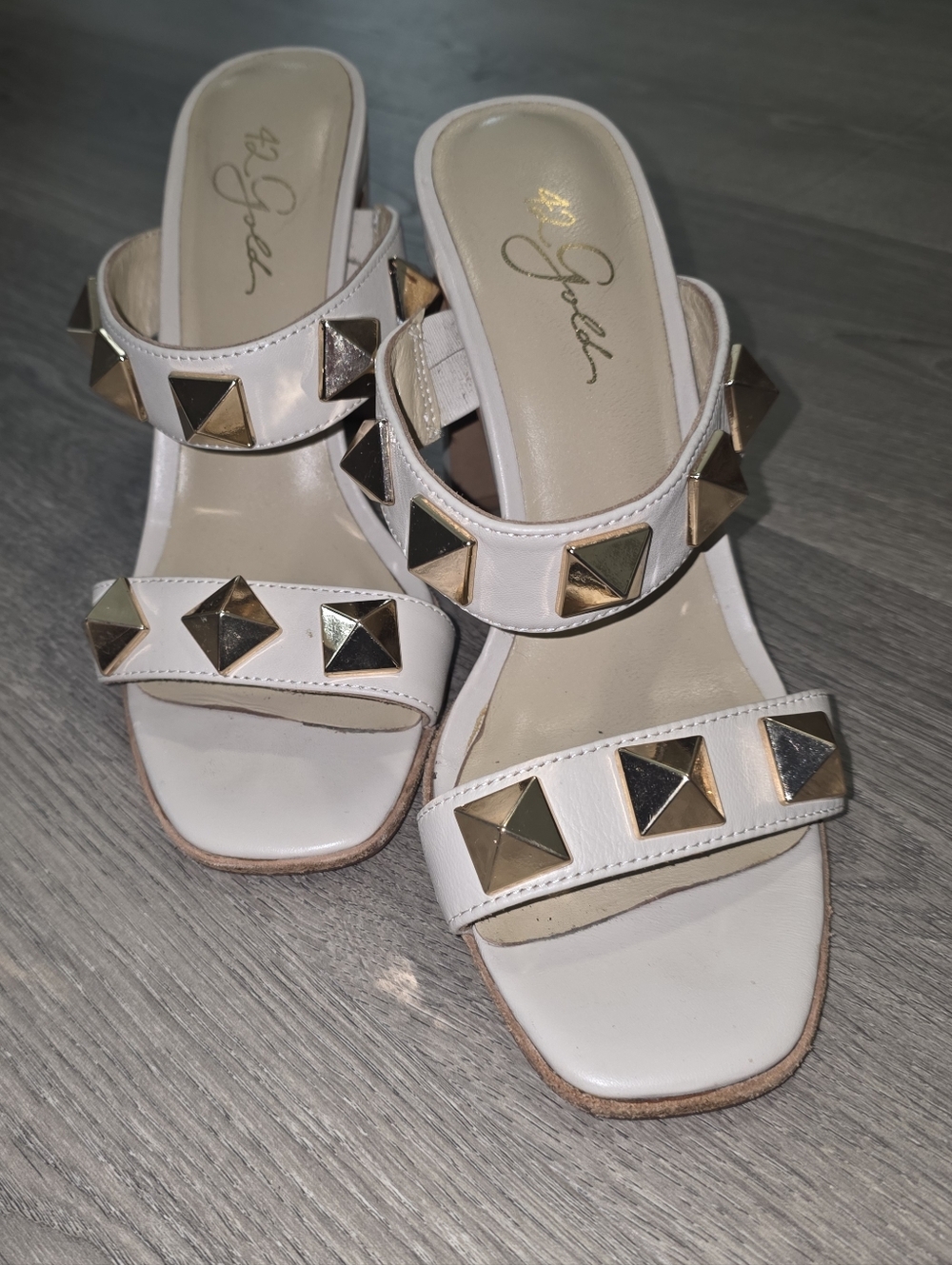 42 GOLD White Slide Sandals with Gold Pyramid Studs
